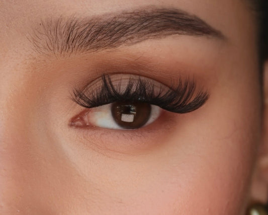 Close-up of a woman's eye with long, dark eyelashes and a blurred background